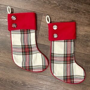 🦋 Ashland — 2 white Christmas stockings with red plaid design